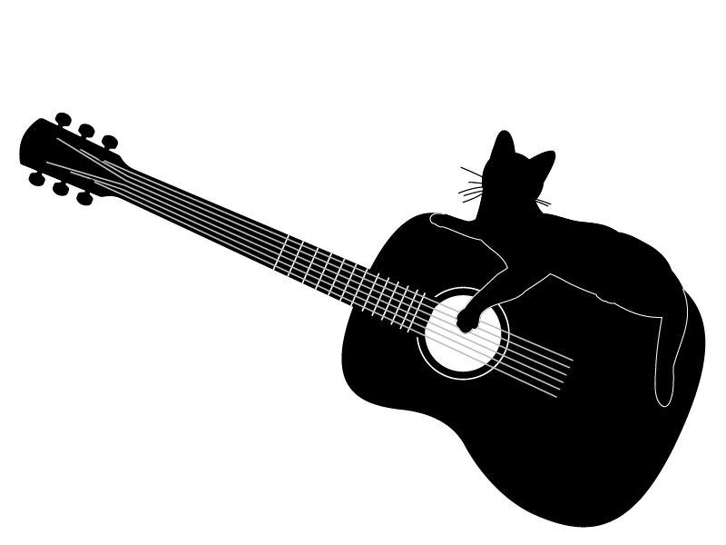 Silhouette of black cat resting on a guitar